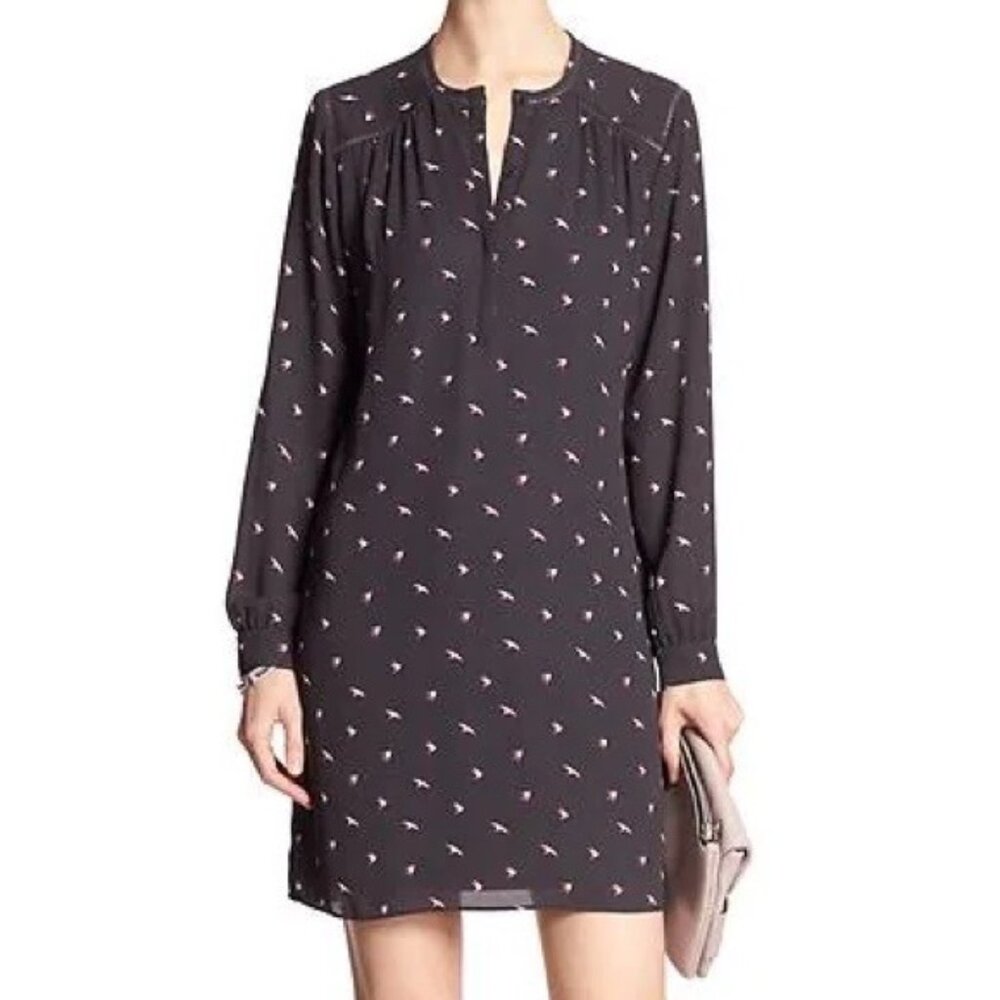 Banana‎ Republic Gray Ladder-Lace Bird Print Shift Dress Size S Chiffon Lined